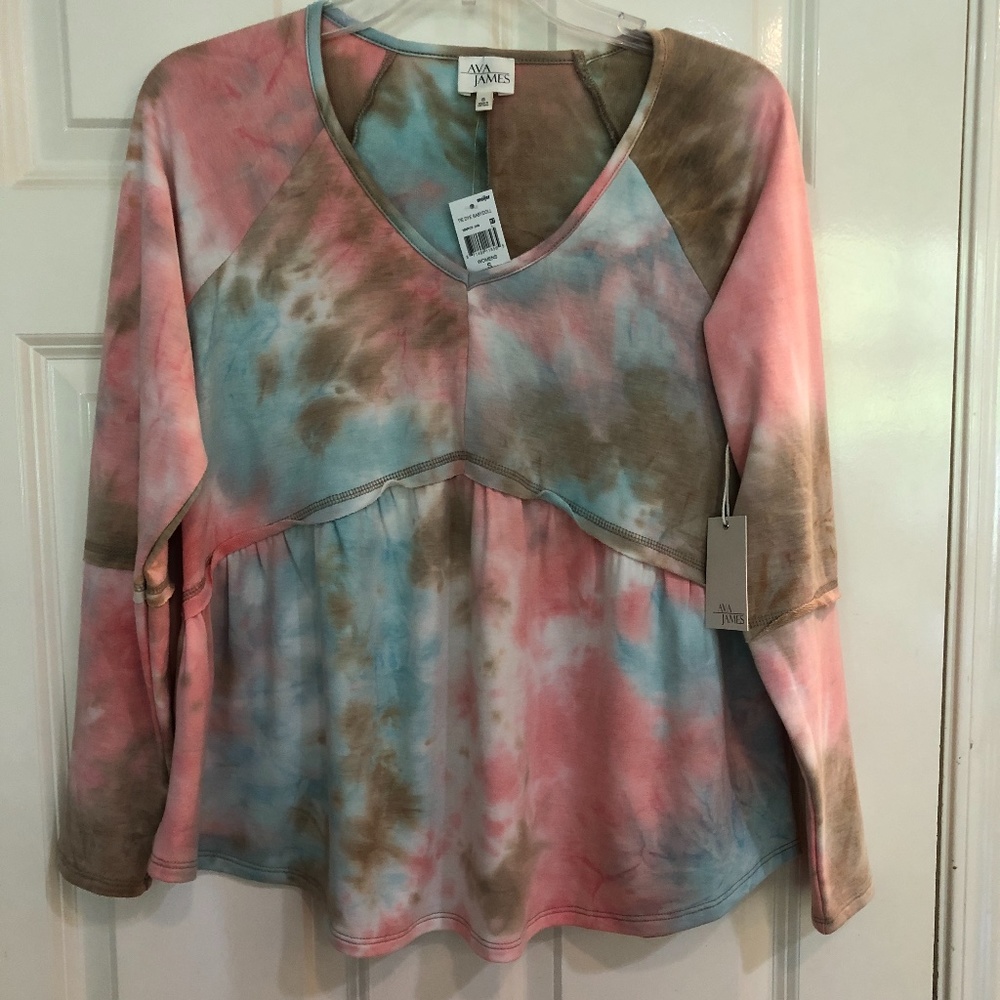 NEW Ava James Tie Dye Babydoll Tunic Top Long Sleeve Top Small